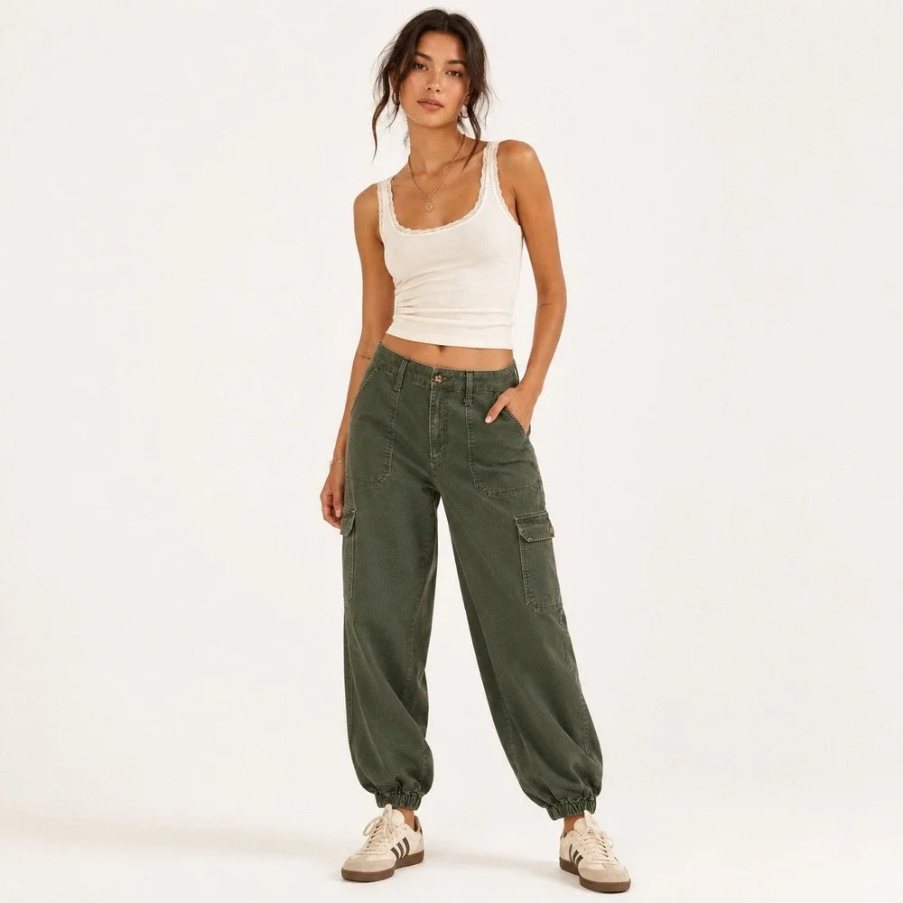 Terra & Sky Womens Cargo Jogger Pants Plus Size 18 W Olive Green Utility Stretch - Picture 2 of 14
